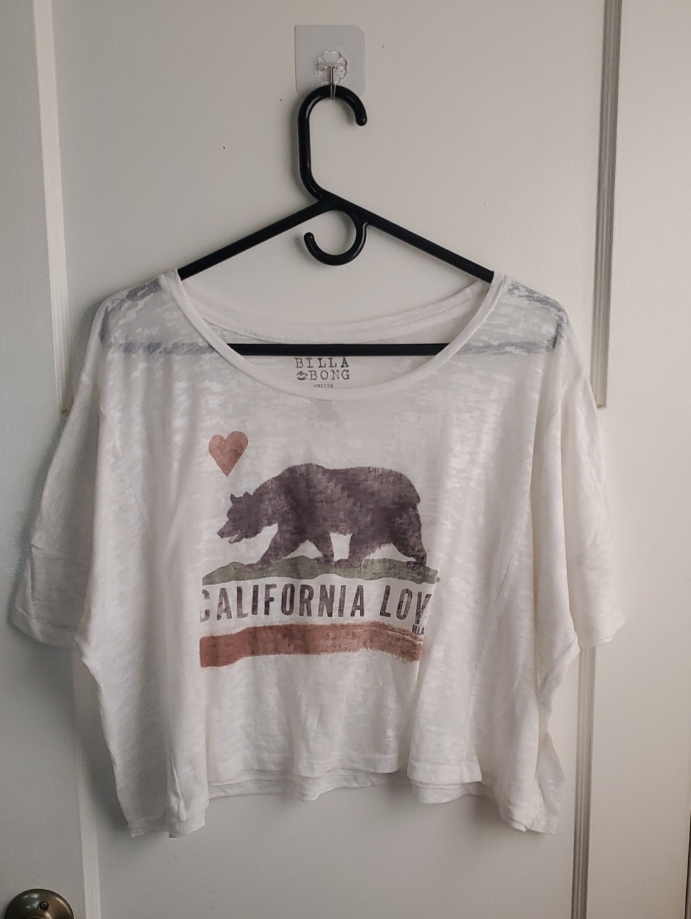 Billabong White Cropped California Love Bear Top with Rust and Olive Accents